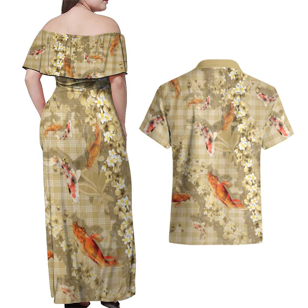 Beige Palaka Hawaiian And Japanese Couples Matching Off Shoulder Maxi Dress and Hawaiian Shirt Sakura Lei With Koi Fish DT05 - Polynesian Pride