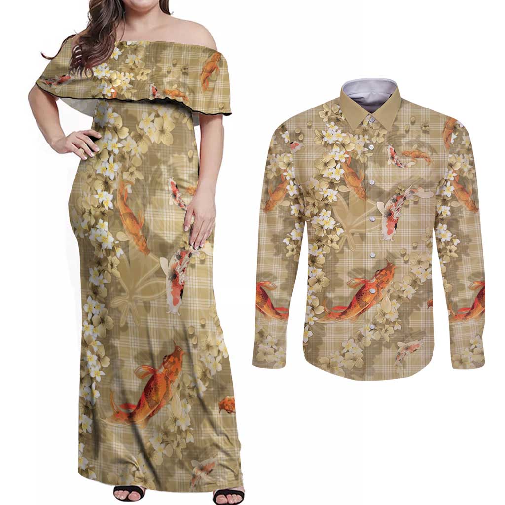 Beige Palaka Hawaiian And Japanese Couples Matching Off Shoulder Maxi Dress and Long Sleeve Button Shirt Sakura Lei With Koi Fish DT05 Beige - Polynesian Pride