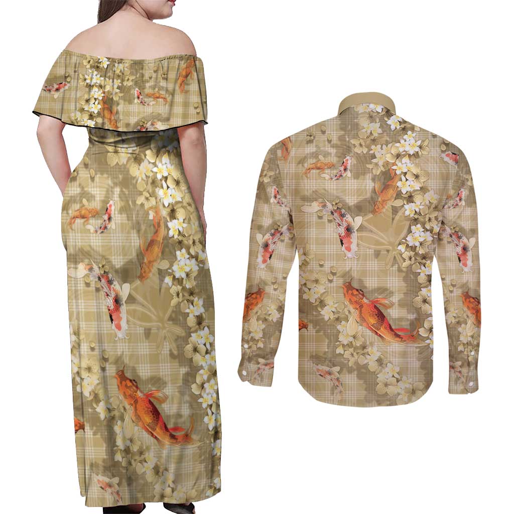 Beige Palaka Hawaiian And Japanese Couples Matching Off Shoulder Maxi Dress and Long Sleeve Button Shirt Sakura Lei With Koi Fish DT05 - Polynesian Pride
