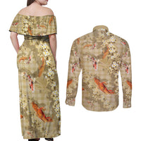 Beige Palaka Hawaiian And Japanese Couples Matching Off Shoulder Maxi Dress and Long Sleeve Button Shirt Sakura Lei With Koi Fish DT05 - Polynesian Pride
