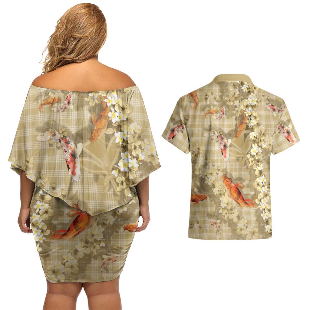 Beige Palaka Hawaiian And Japanese Couples Matching Off Shoulder Short Dress and Hawaiian Shirt Sakura Lei With Koi Fish DT05 - Polynesian Pride