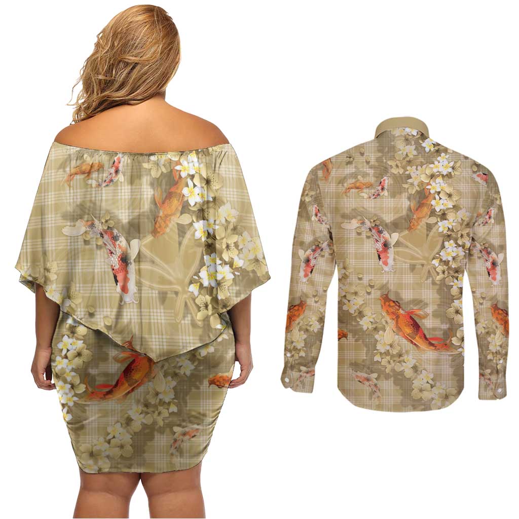Beige Palaka Hawaiian And Japanese Couples Matching Off Shoulder Short Dress and Long Sleeve Button Shirt Sakura Lei With Koi Fish DT05 - Polynesian Pride