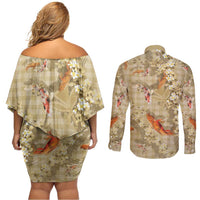 Beige Palaka Hawaiian And Japanese Couples Matching Off Shoulder Short Dress and Long Sleeve Button Shirt Sakura Lei With Koi Fish DT05 - Polynesian Pride