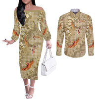 Beige Palaka Hawaiian And Japanese Couples Matching Off The Shoulder Long Sleeve Dress and Long Sleeve Button Shirt Sakura Lei With Koi Fish DT05 Beige - Polynesian Pride