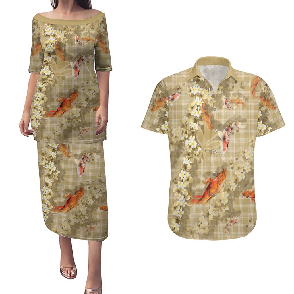 Beige Palaka Hawaiian And Japanese Couples Matching Puletasi and Hawaiian Shirt Sakura Lei With Koi Fish DT05 Beige - Polynesian Pride