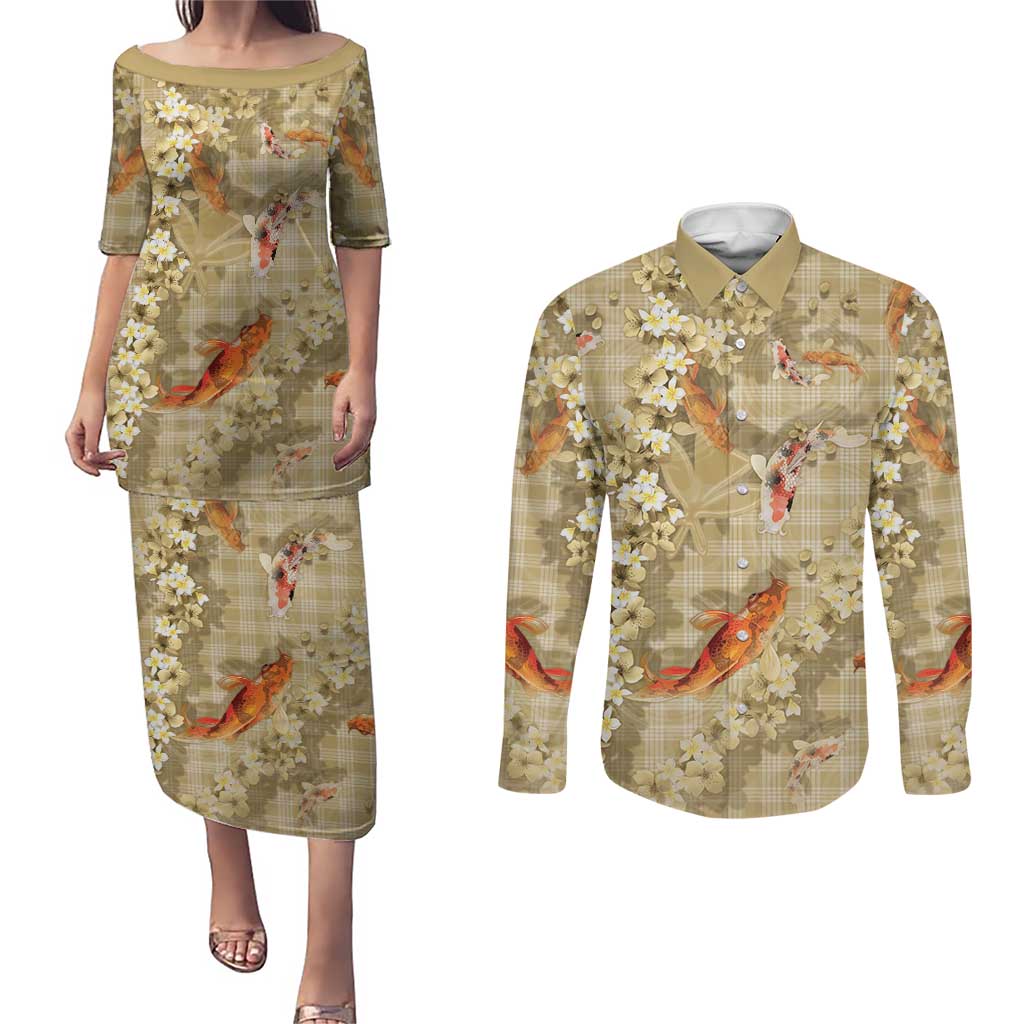 Beige Palaka Hawaiian And Japanese Couples Matching Puletasi and Long Sleeve Button Shirt Sakura Lei With Koi Fish DT05 Beige - Polynesian Pride