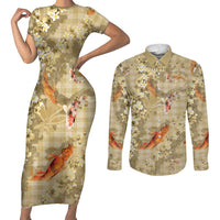 Beige Palaka Hawaiian And Japanese Couples Matching Short Sleeve Bodycon Dress and Long Sleeve Button Shirt Sakura Lei With Koi Fish DT05 Beige - Polynesian Pride