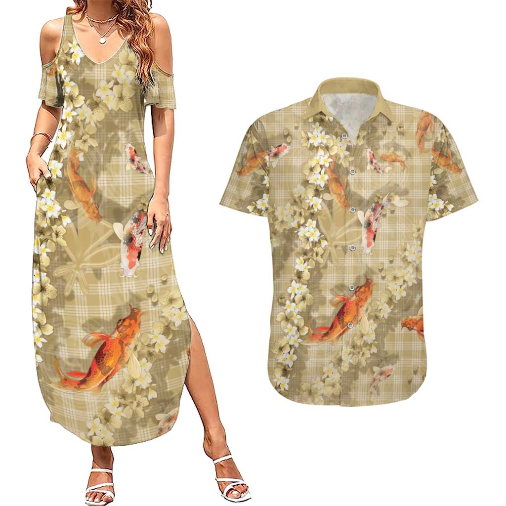 Beige Palaka Hawaiian And Japanese Couples Matching Summer Maxi Dress and Hawaiian Shirt Sakura Lei With Koi Fish DT05 Beige - Polynesian Pride