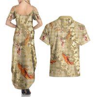 Beige Palaka Hawaiian And Japanese Couples Matching Summer Maxi Dress and Hawaiian Shirt Sakura Lei With Koi Fish DT05 - Polynesian Pride
