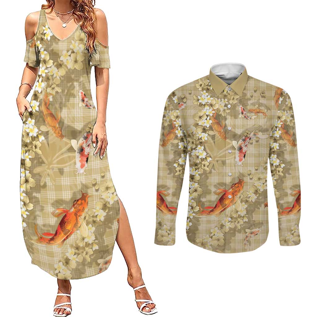 Beige Palaka Hawaiian And Japanese Couples Matching Summer Maxi Dress and Long Sleeve Button Shirt Sakura Lei With Koi Fish DT05 Beige - Polynesian Pride