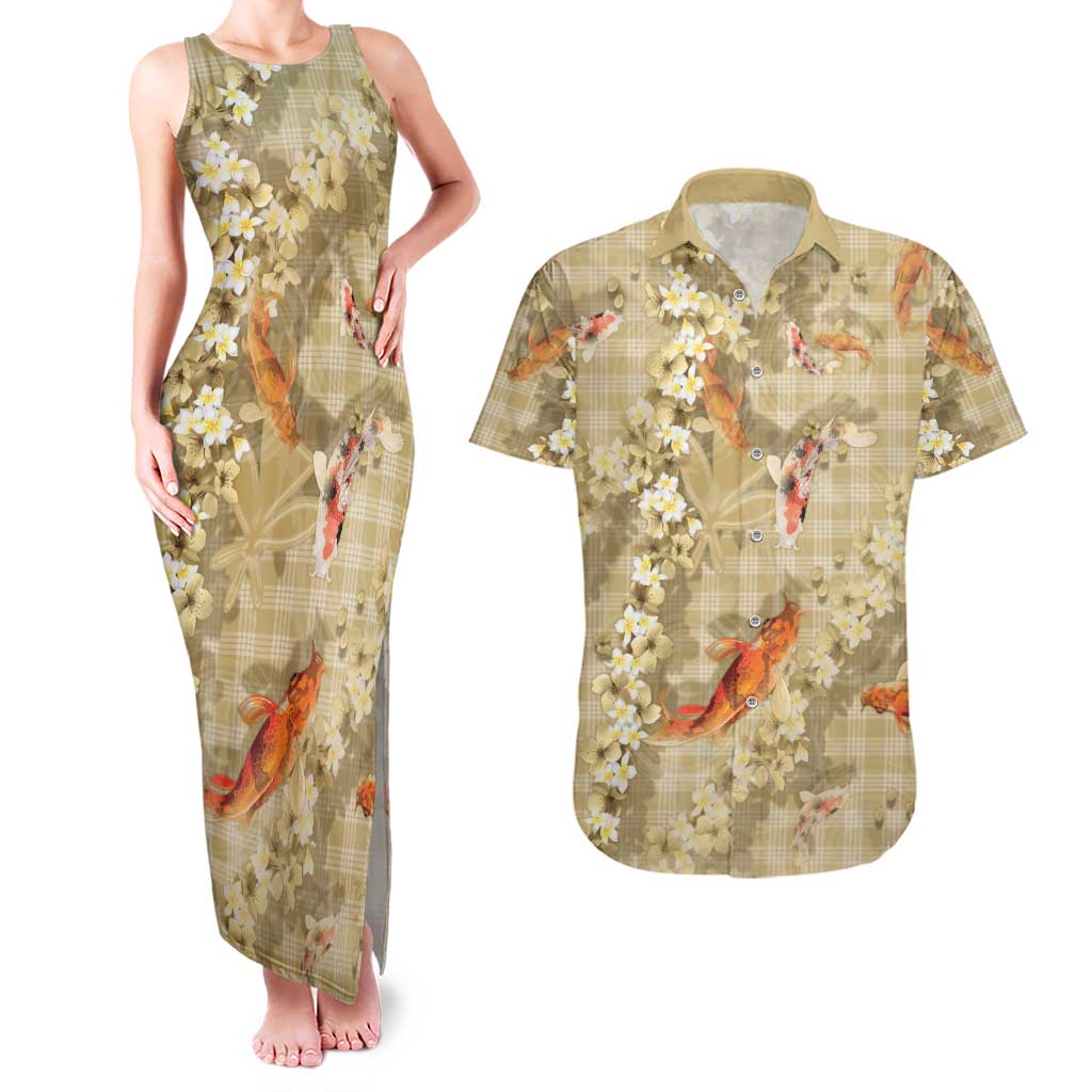 Beige Palaka Hawaiian And Japanese Couples Matching Tank Maxi Dress and Hawaiian Shirt Sakura Lei With Koi Fish DT05 Beige - Polynesian Pride