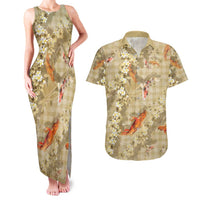 Beige Palaka Hawaiian And Japanese Couples Matching Tank Maxi Dress and Hawaiian Shirt Sakura Lei With Koi Fish DT05 Beige - Polynesian Pride
