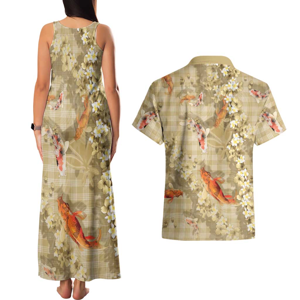 Beige Palaka Hawaiian And Japanese Couples Matching Tank Maxi Dress and Hawaiian Shirt Sakura Lei With Koi Fish DT05 - Polynesian Pride