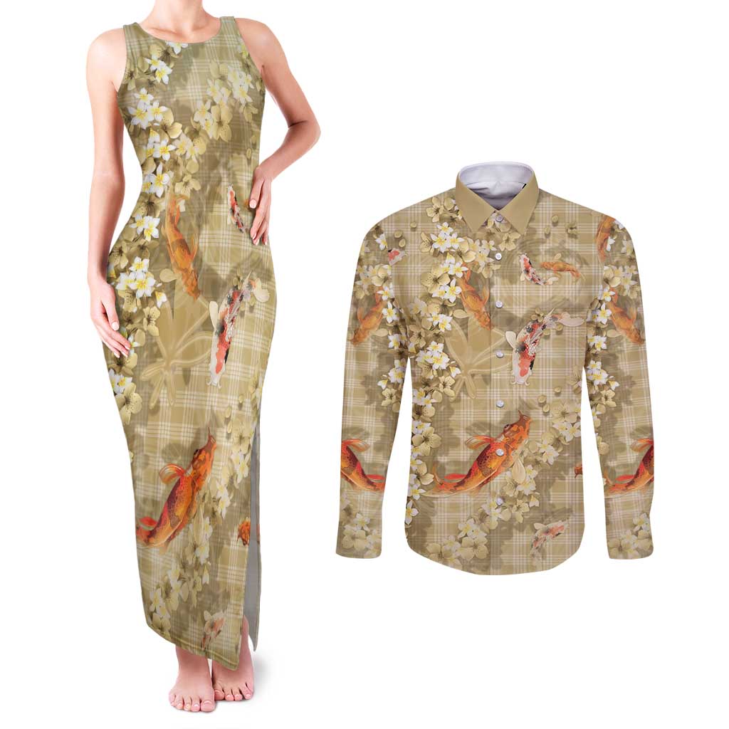 Beige Palaka Hawaiian And Japanese Couples Matching Tank Maxi Dress and Long Sleeve Button Shirt Sakura Lei With Koi Fish - Polynesian Pride