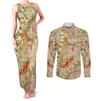 Beige Palaka Hawaiian And Japanese Couples Matching Tank Maxi Dress and Long Sleeve Button Shirt Sakura Lei With Koi Fish DT05 Beige - Polynesian Pride