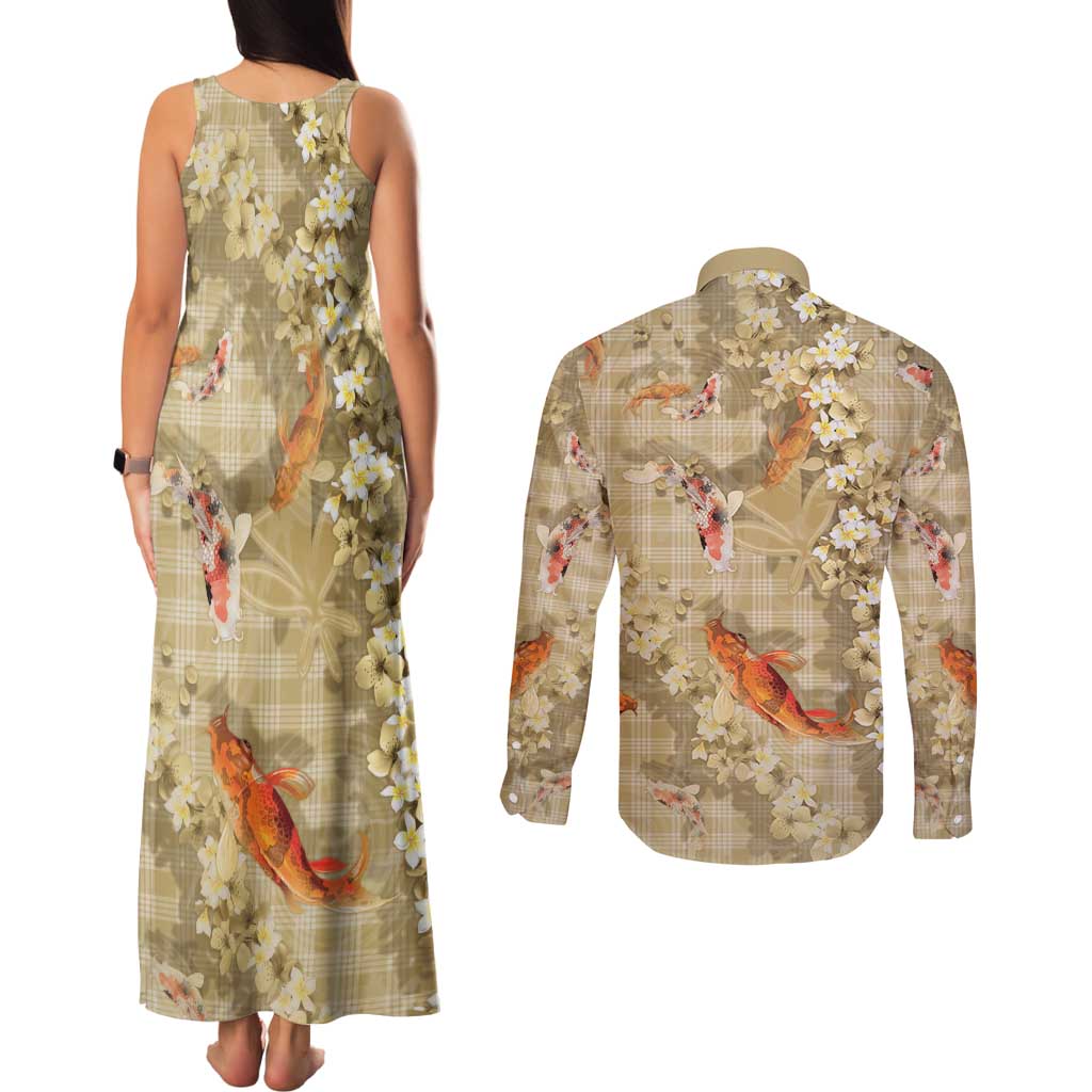 Beige Palaka Hawaiian And Japanese Couples Matching Tank Maxi Dress and Long Sleeve Button Shirt Sakura Lei With Koi Fish DT05 - Polynesian Pride