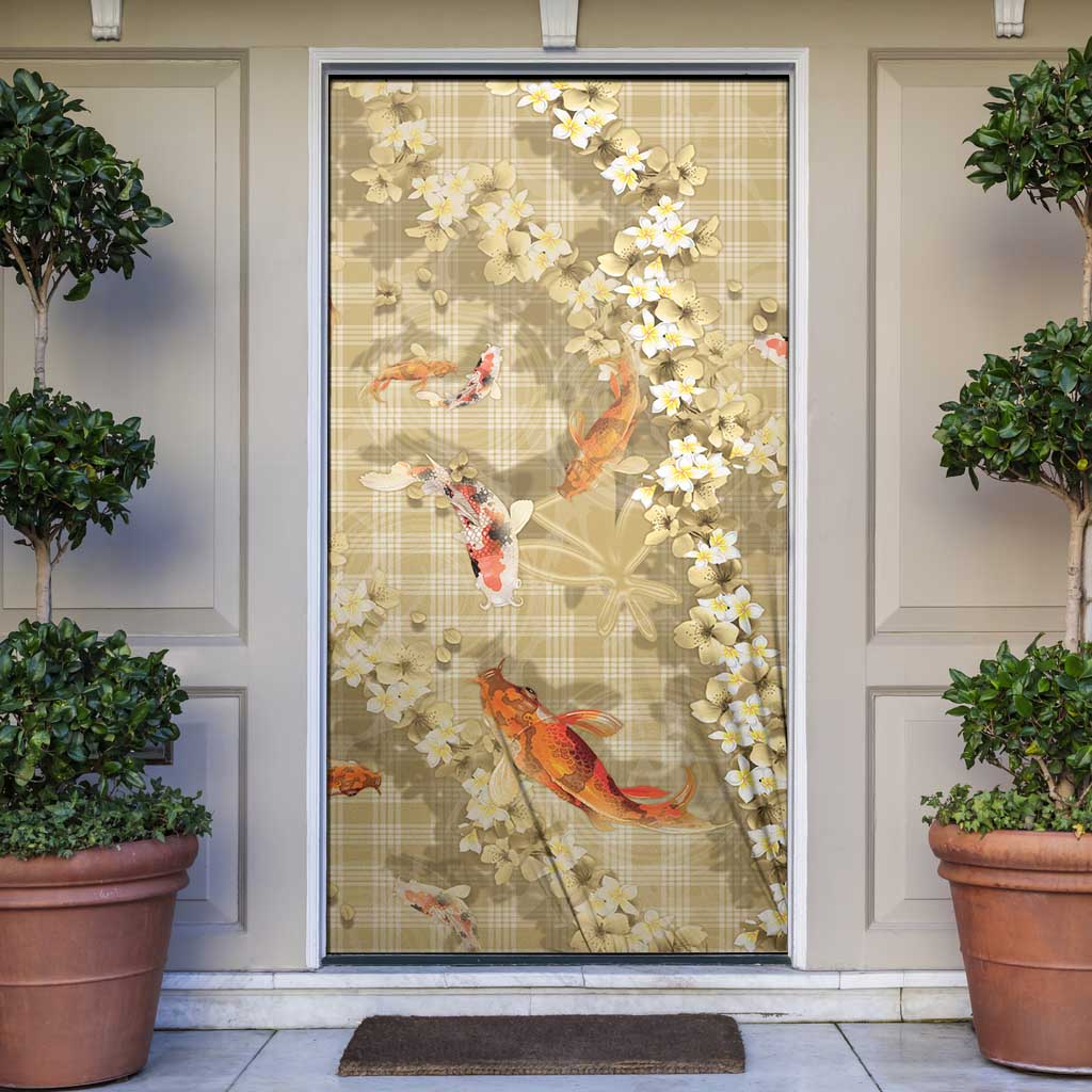 Beige Palaka Hawaiian And Japanese Door Cover Sakura Lei With Koi Fish - Polynesian Pride