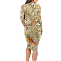 Beige Palaka Hawaiian And Japanese Family Matching Long Sleeve Bodycon Dress and Hawaiian Shirt Sakura Lei With Koi Fish DT05 - Polynesian Pride