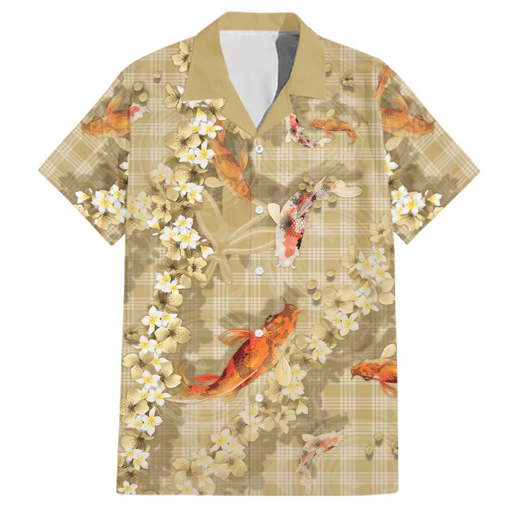 Beige Palaka Hawaiian And Japanese Family Matching Mermaid Dress and Hawaiian Shirt Sakura Lei With Koi Fish DT05 Dad's Shirt - Short Sleeve Beige - Polynesian Pride