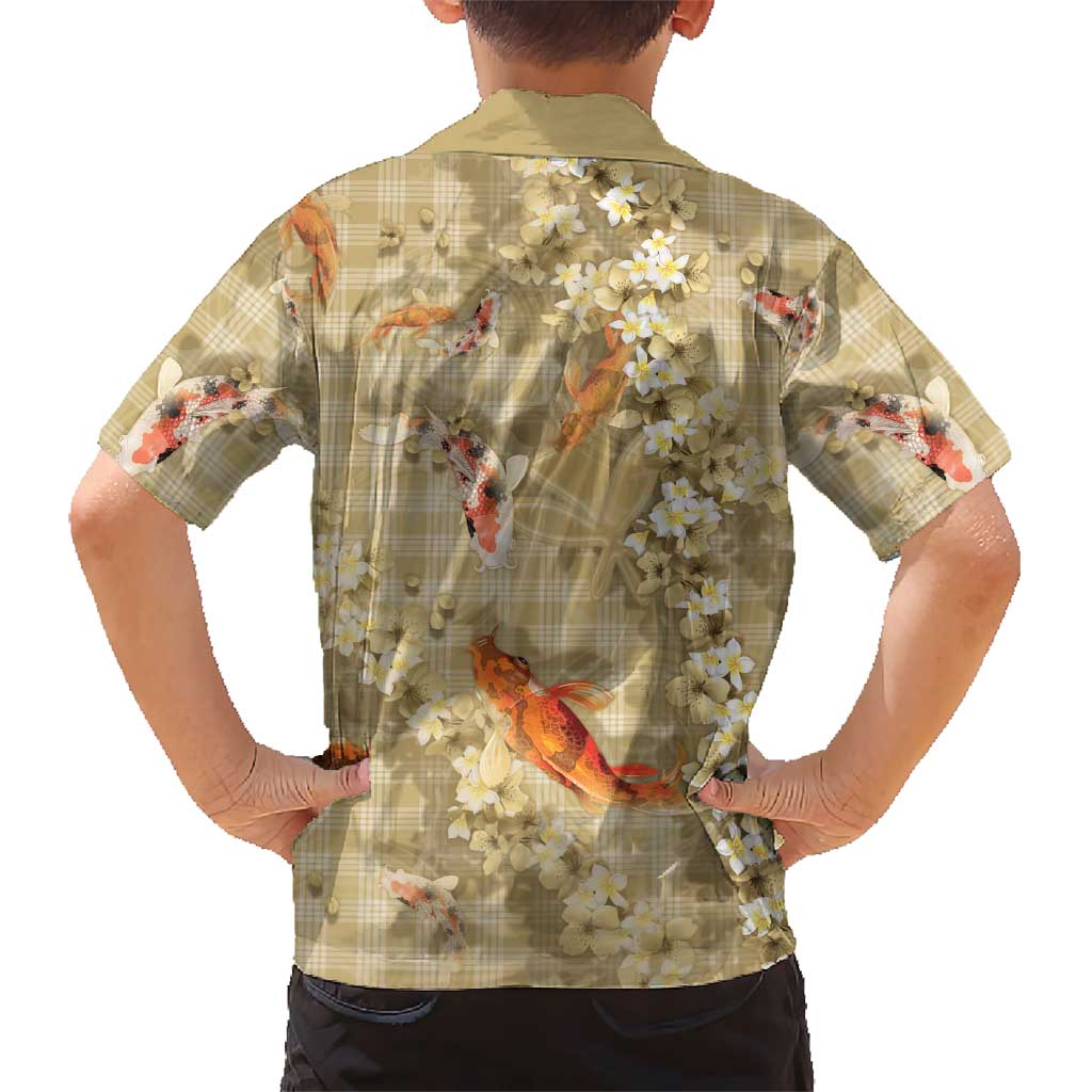 Beige Palaka Hawaiian And Japanese Family Matching Off The Shoulder Long Sleeve Dress and Hawaiian Shirt Sakura Lei With Koi Fish DT05 - Polynesian Pride