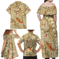 Beige Palaka Hawaiian And Japanese Family Matching Off Shoulder Maxi Dress and Hawaiian Shirt Sakura Lei With Koi Fish DT05 - Polynesian Pride