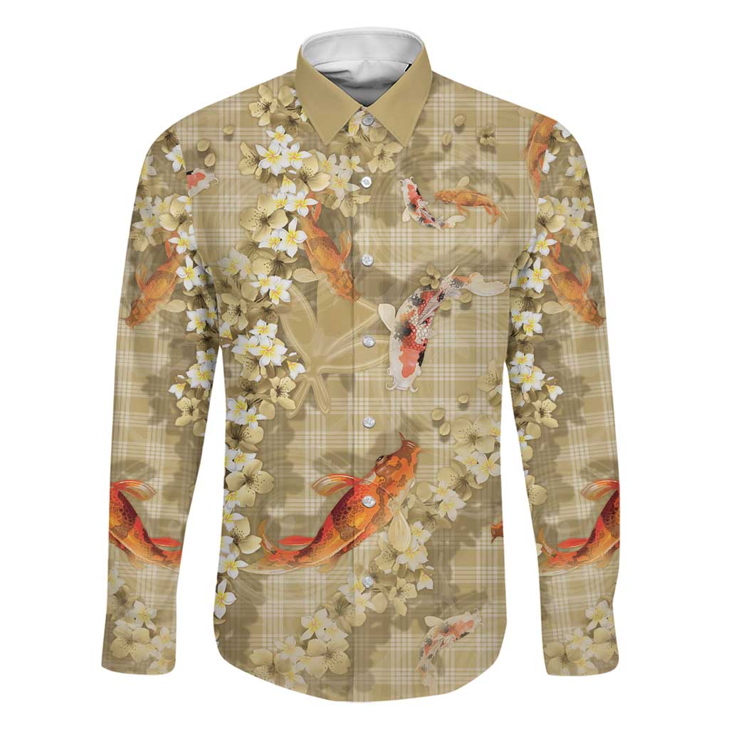 Beige Palaka Hawaiian And Japanese Family Matching Off Shoulder Maxi Dress and Hawaiian Shirt Sakura Lei With Koi Fish DT05 Dad's Shirt - Long Sleeve Beige - Polynesian Pride