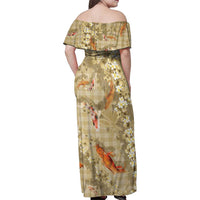 Beige Palaka Hawaiian And Japanese Family Matching Off Shoulder Maxi Dress and Hawaiian Shirt Sakura Lei With Koi Fish DT05 - Polynesian Pride