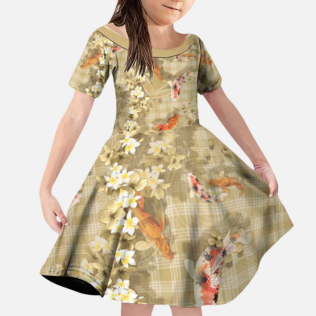 Beige Palaka Hawaiian And Japanese Family Matching Off Shoulder Short Dress and Hawaiian Shirt Sakura Lei With Koi Fish DT05 Daughter's Dress Beige - Polynesian Pride