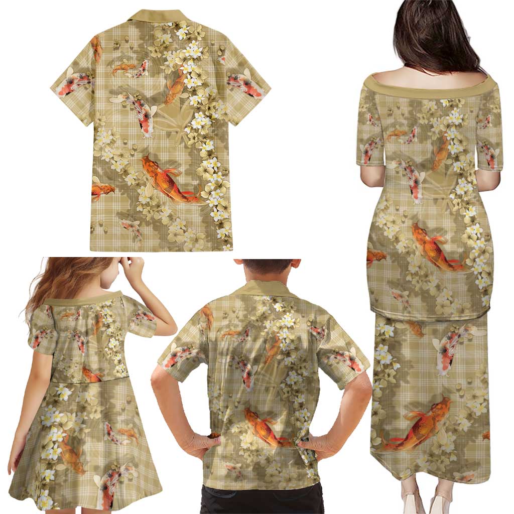 Beige Palaka Hawaiian And Japanese Family Matching Puletasi and Hawaiian Shirt Sakura Lei With Koi Fish DT05 - Polynesian Pride