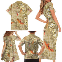 Beige Palaka Hawaiian And Japanese Family Matching Short Sleeve Bodycon Dress and Hawaiian Shirt Sakura Lei With Koi Fish DT05 - Polynesian Pride