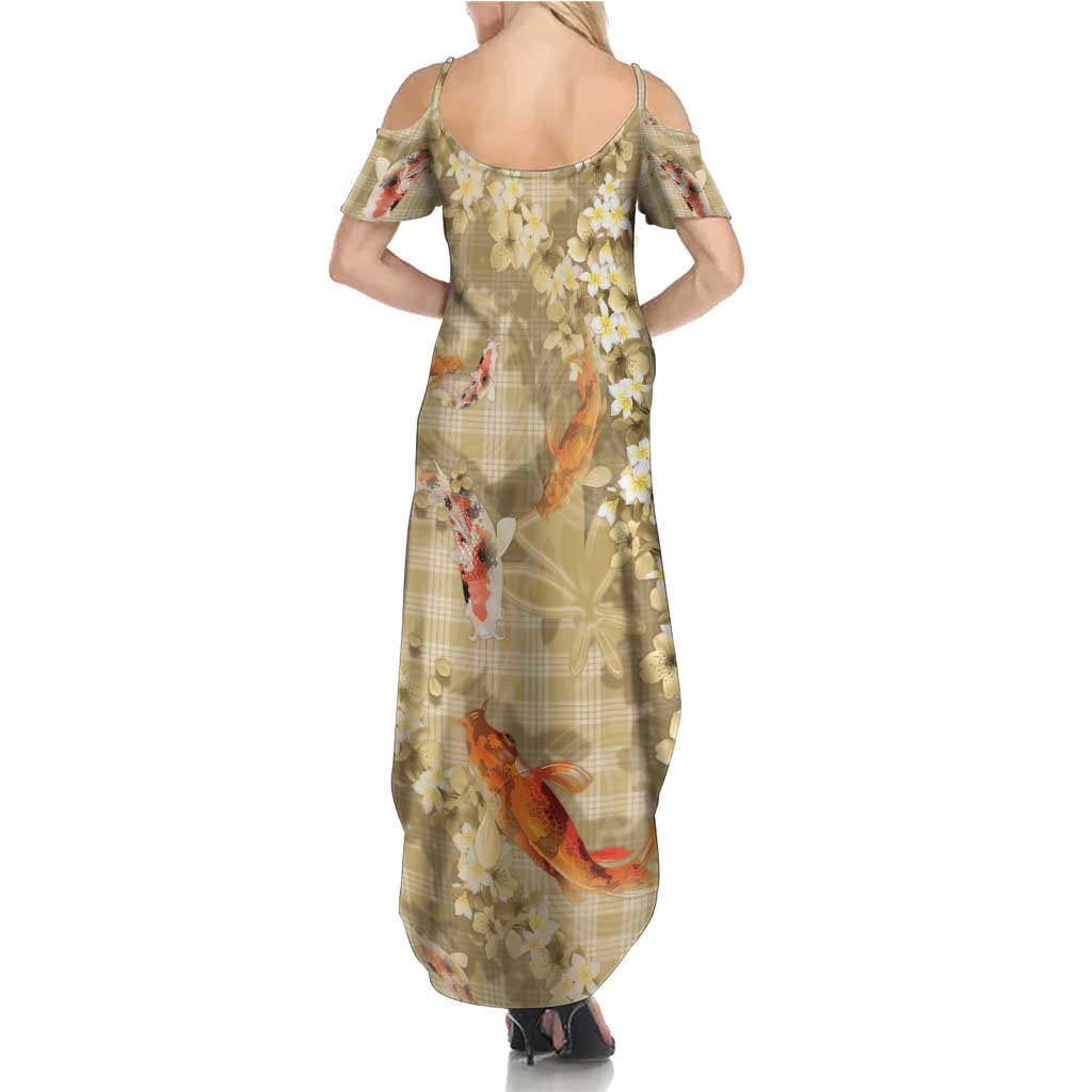Beige Palaka Hawaiian And Japanese Family Matching Summer Maxi Dress and Hawaiian Shirt Sakura Lei With Koi Fish DT05 - Polynesian Pride