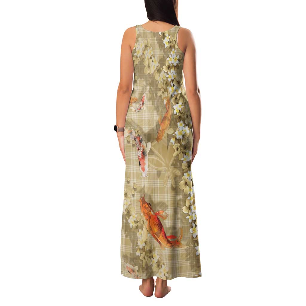 Beige Palaka Hawaiian And Japanese Family Matching Tank Maxi Dress and Hawaiian Shirt Sakura Lei With Koi Fish DT05 - Polynesian Pride