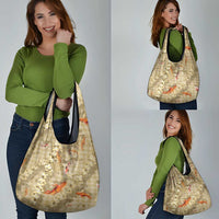 Beige Palaka Hawaiian And Japanese Grocery Bag Sakura Lei With Koi Fish - Polynesian Pride