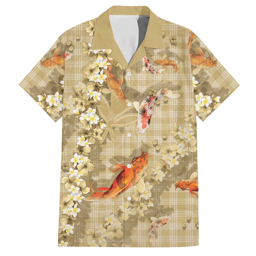 Beige Palaka Hawaiian And Japanese Hawaiian Shirt Sakura Lei With Koi Fish DT05 Beige - Polynesian Pride