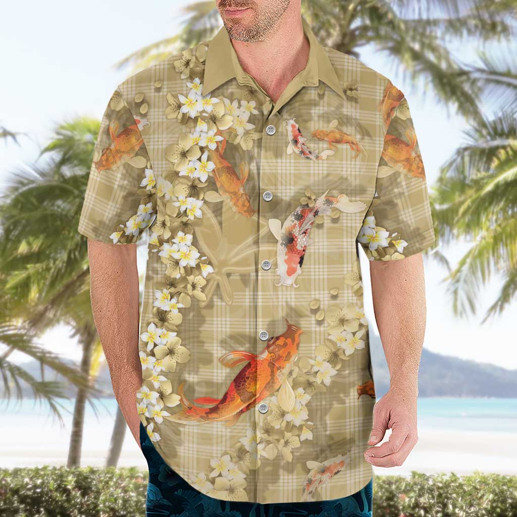 Beige Palaka Hawaiian And Japanese Hawaiian Shirt Sakura Lei With Koi Fish DT05 - Polynesian Pride