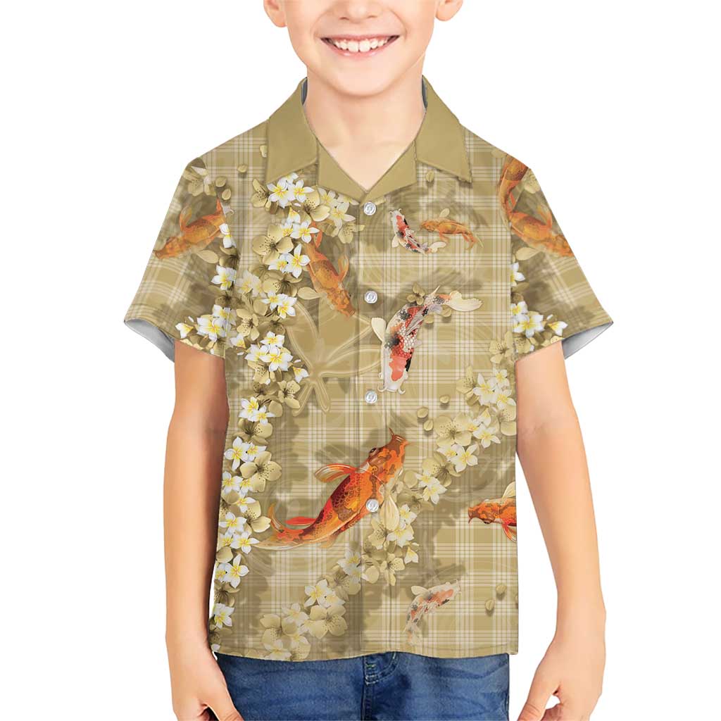 Beige Palaka Hawaiian And Japanese Hawaiian Shirt Sakura Lei With Koi Fish DT05 - Polynesian Pride