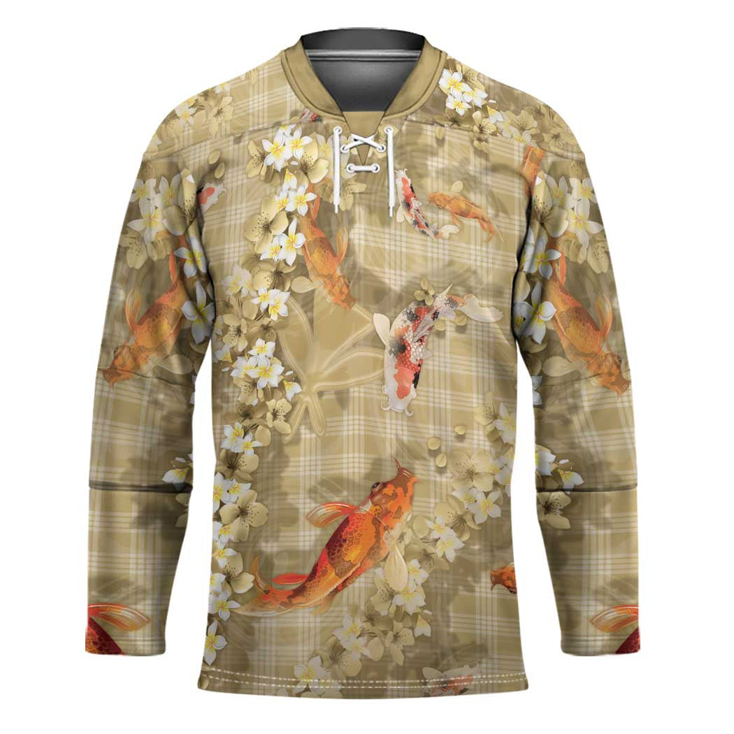 Beige Palaka Hawaiian And Japanese Hockey Jersey Sakura Lei With Koi Fish DT05 Unisex Beige - Polynesian Pride