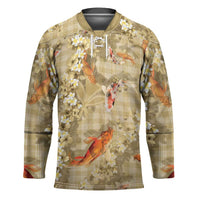 Beige Palaka Hawaiian And Japanese Hockey Jersey Sakura Lei With Koi Fish DT05 Unisex Beige - Polynesian Pride
