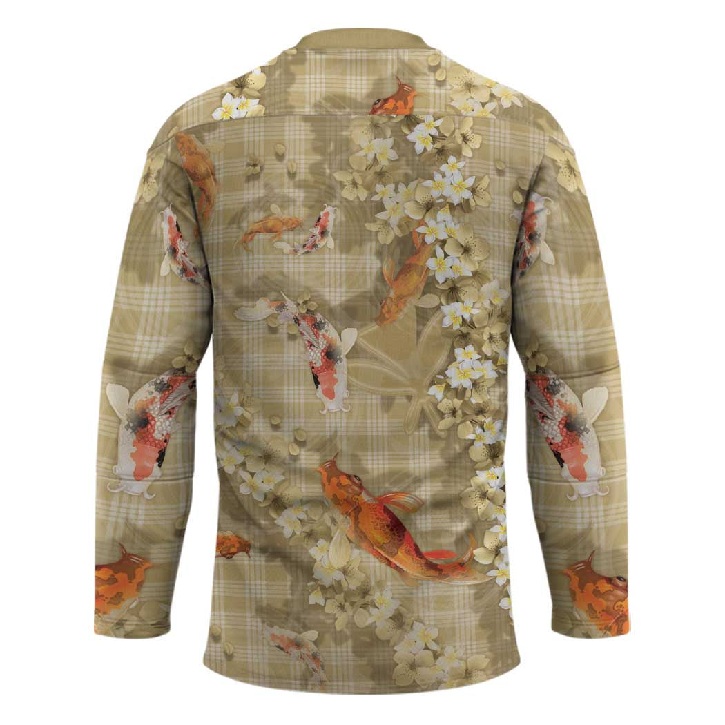 Beige Palaka Hawaiian And Japanese Hockey Jersey Sakura Lei With Koi Fish DT05 - Polynesian Pride