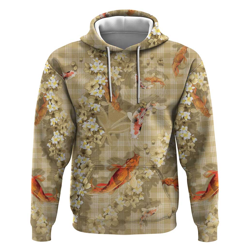 Beige Palaka Hawaiian And Japanese Hoodie Sakura Lei With Koi Fish DT05 Pullover Hoodie Beige - Polynesian Pride