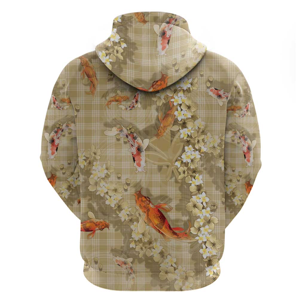 Beige Palaka Hawaiian And Japanese Hoodie Sakura Lei With Koi Fish DT05 - Polynesian Pride