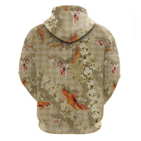 Beige Palaka Hawaiian And Japanese Hoodie Sakura Lei With Koi Fish DT05 - Polynesian Pride