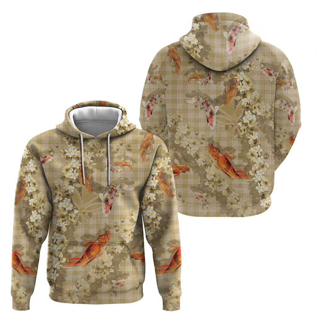 Beige Palaka Hawaiian And Japanese Hoodie Sakura Lei With Koi Fish DT05 - Polynesian Pride