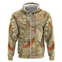 Beige Palaka Hawaiian And Japanese Hoodie Sakura Lei With Koi Fish DT05 Zip Hoodie Beige - Polynesian Pride