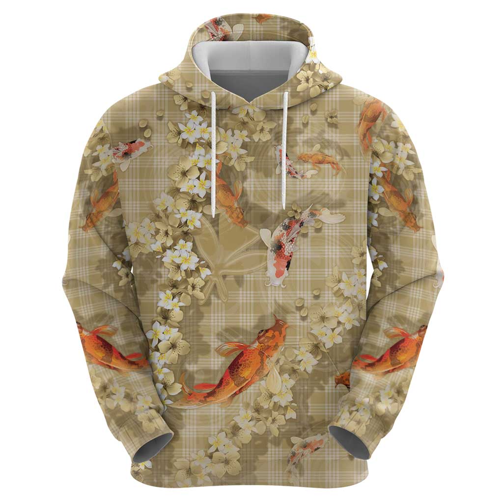 Beige Palaka Hawaiian And Japanese Hoodie Sakura Lei With Koi Fish DT05 - Polynesian Pride