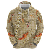Beige Palaka Hawaiian And Japanese Hoodie Sakura Lei With Koi Fish DT05 - Polynesian Pride