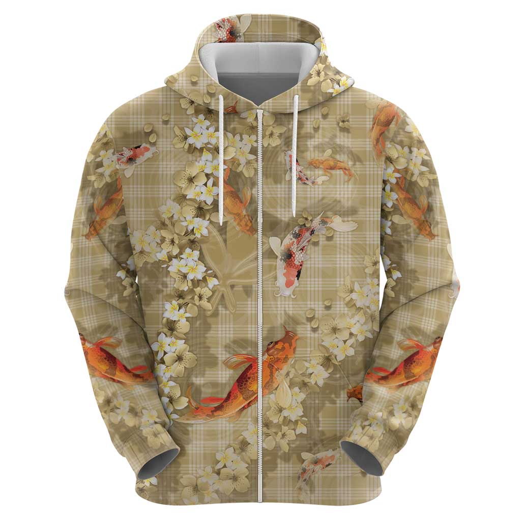 Beige Palaka Hawaiian And Japanese Hoodie Sakura Lei With Koi Fish DT05 - Polynesian Pride