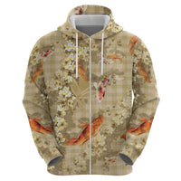 Beige Palaka Hawaiian And Japanese Hoodie Sakura Lei With Koi Fish DT05 - Polynesian Pride