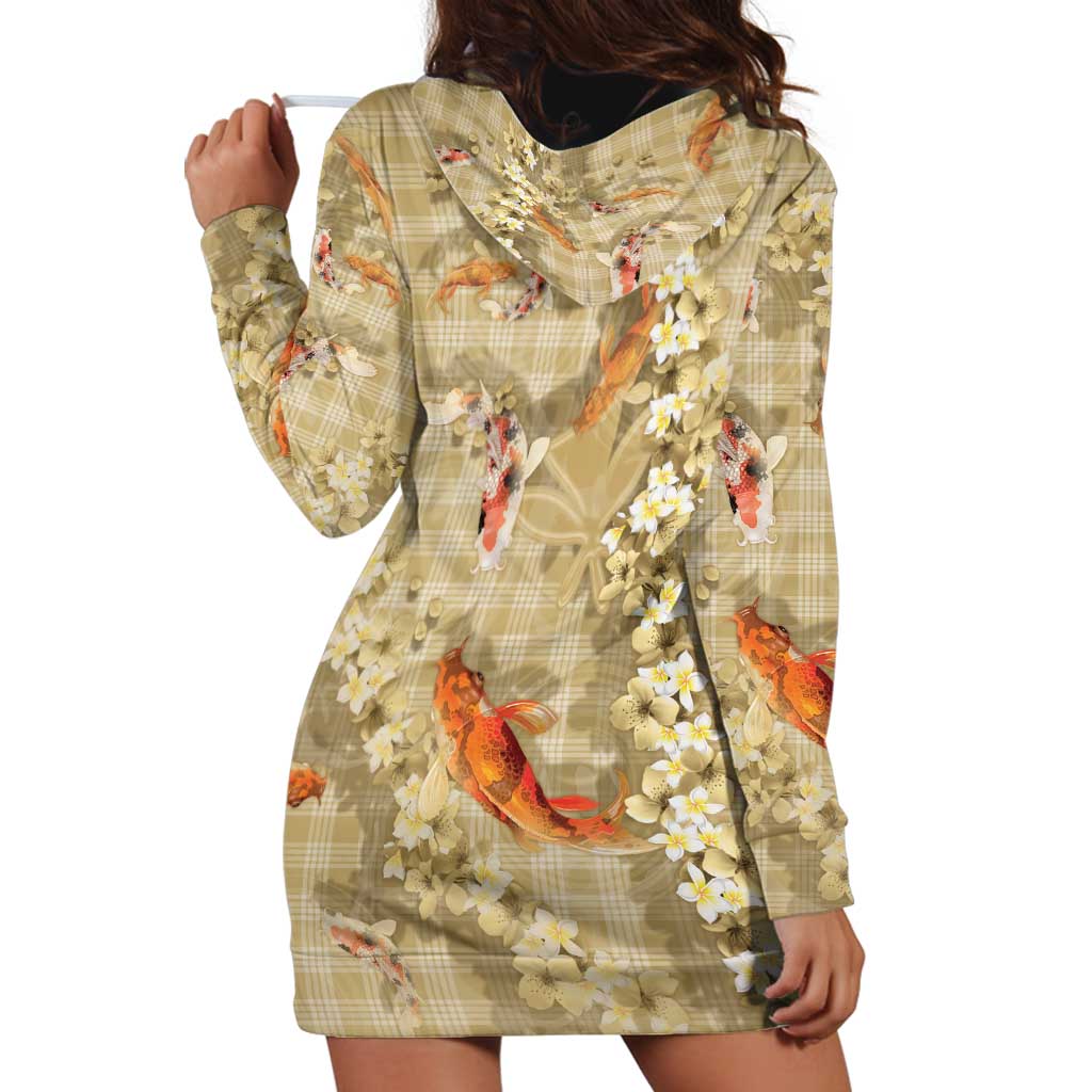 Beige Palaka Hawaiian And Japanese Hoodie Dress Sakura Lei With Koi Fish DT05 - Polynesian Pride