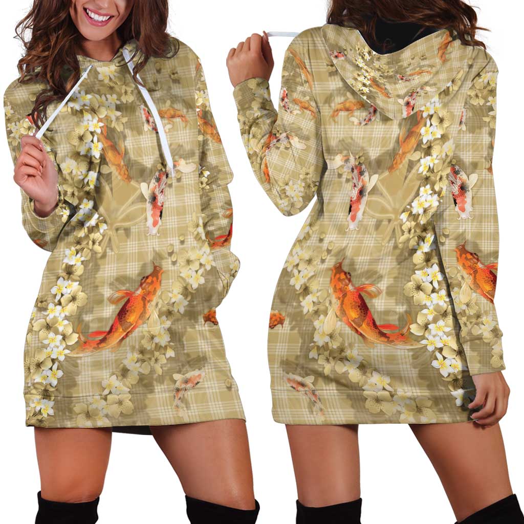 Beige Palaka Hawaiian And Japanese Hoodie Dress Sakura Lei With Koi Fish DT05 - Polynesian Pride